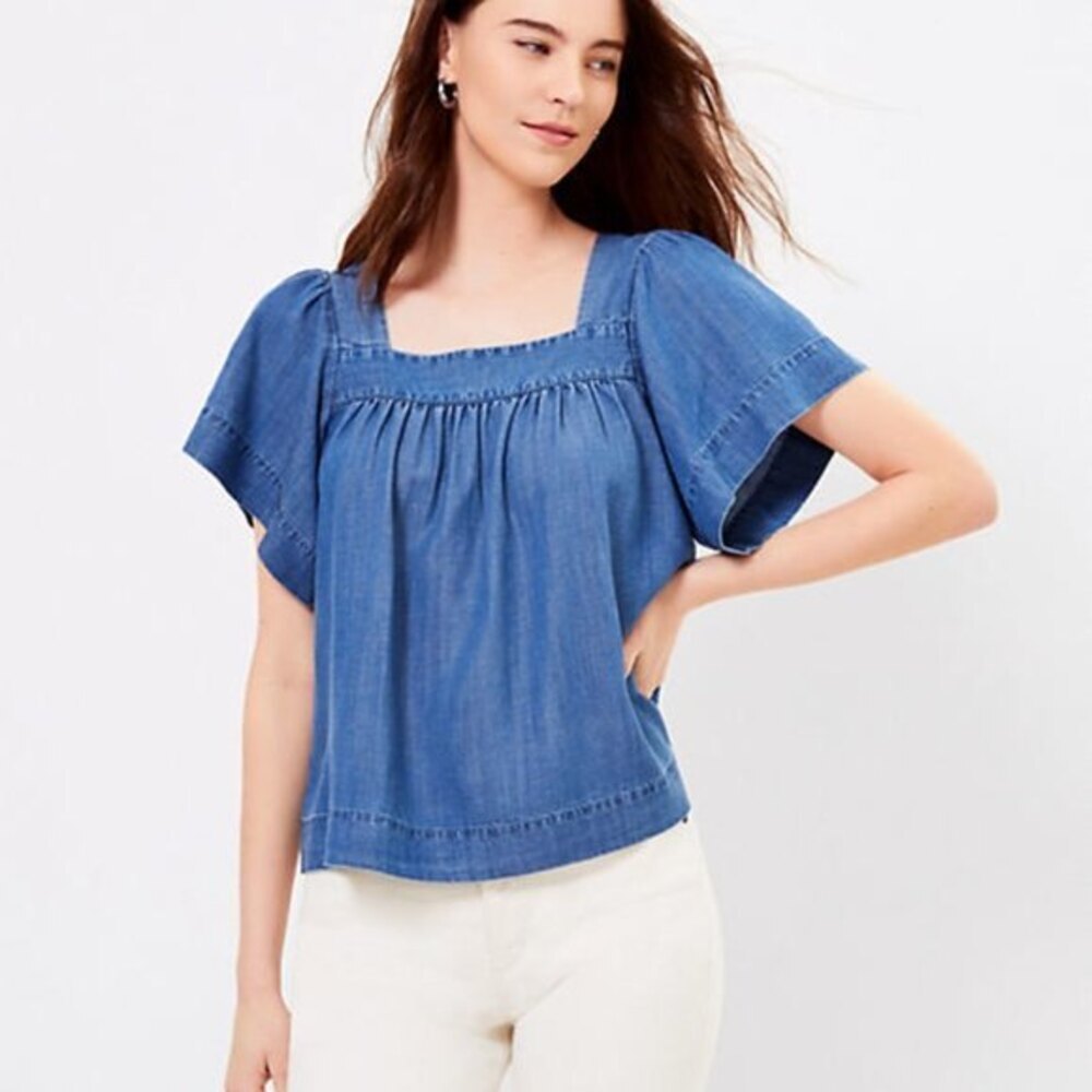 Blue Chambray LOFT Square Neck Flutter Sleeve Blouse Top (NWT)